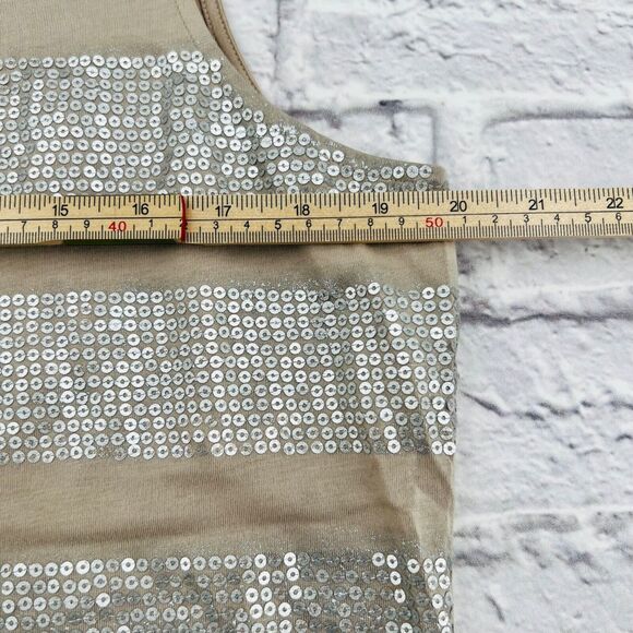 Chico's Sequin Stripe Tank Top 2 Medium 12/14 Brown Tan Sleeveless Round Neck - Picture 6 of 8